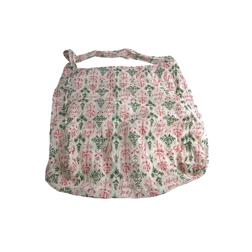 Free People Boho Holiday Logo Reusable Tote Bag Cream Red Green Snowflake Large‎